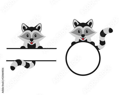 Cute raccoon circle monogram. Vector animal with place for name.