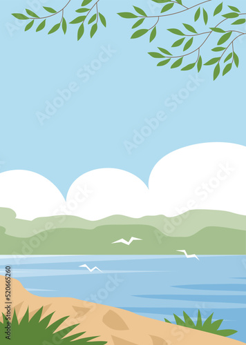 Summer landscape with lake shore and tree. Tree branch with green foliage. Wild beach. Beautiful nature. Flat vector illustration background