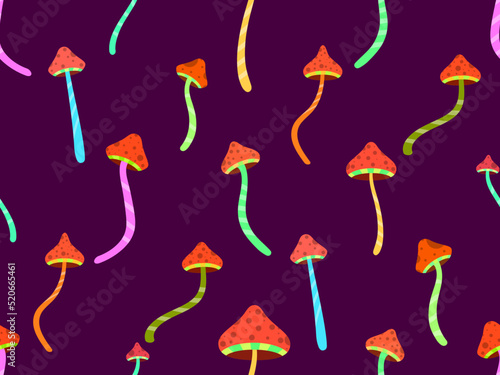 Hallucinogenic mushrooms seamless pattern. Psychedelic mushrooms, acid trip. Design for posters, banners and promotional products. Vector illustration