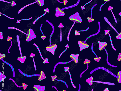 Hallucinogenic mushrooms seamless pattern. Psychedelic mushrooms, acid trip. Design for posters, banners and promotional products. Vector illustration
