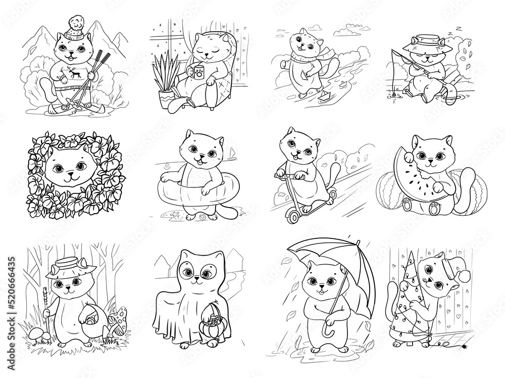 Cute kitty. A set of simple coloring pages for children with a kitten. Illustrations for the calendar. Vector. Isolate on a white background. Cute kitty. A set of simple coloring pages for children with a kitten. Illustrations for the calendar. Vector. Isolate on a white background.