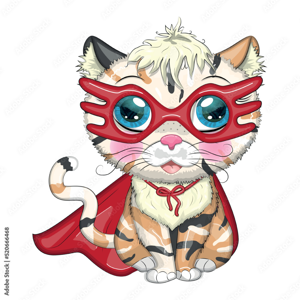 Fototapeta premium Cartoon cat superhero in a red cloak and mask. Cute child character, symbol of 2023 new chinese year
