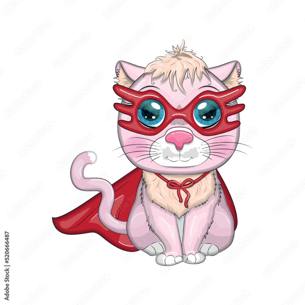Cartoon cat superhero in a red cloak and mask. Cute child character, symbol of 2023 new chinese year
