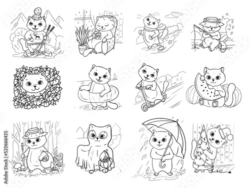 Cute kitty. A set of simple coloring pages for children with a kitten. Illustrations for the calendar. Vector. Isolate on a white background.