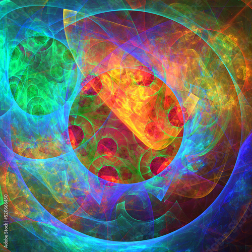 Imagen de arte abstracto digital compuesta de circunferencias de distintos tamaños solapadas rellenas de colores difuminados fuertes mostrando algo parecido a una constelación de asteroides.