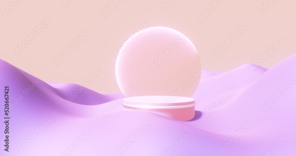 Soft pink podium backdrop for product display with dreamy landscape background 3d render