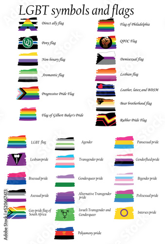 LGBT flag set including Progressive, Standard, Bisexual, Polyamory, Asexual, Aromantic, Philadelphia, QPOC, Demisexual, Lesbian, BDSM, Rubber