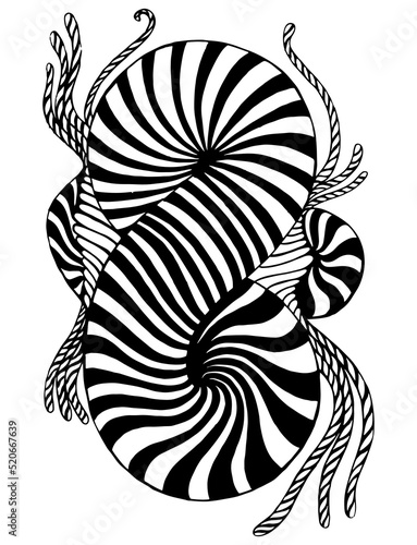 Black and white abstract spiral pattern in the form of infinity, isolated on white background. Decorative coloring page with dizzying element.