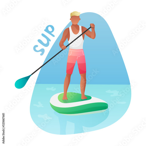 Poster with young man, boy in beachwear swimming on sup board with paddle. Stand Up Paddle. Hobby SUP surfing, touring, downwind, racing. Vector illustration isolated on white background.