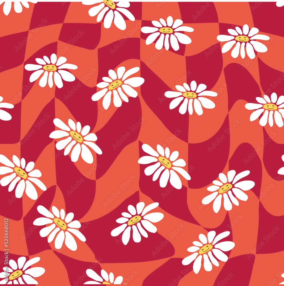 Groovy daisy retro seamless pattern. Retro Smile Chamomile Pattern on 1970 Hippie Aesthetic. Groovy daisy retro seamless pattern. Retro Smile Chamomile Pattern on 1970 Hippie Aesthetic.