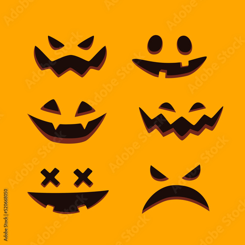 Clipart collection of spooky pumpkin face expression isolated on orange background. Halloween party. Vector illustration.