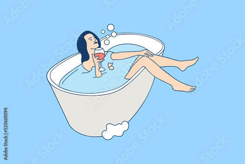 Illustrations of Beautiful young woman relaxing in bath with bubbles and drinking wine