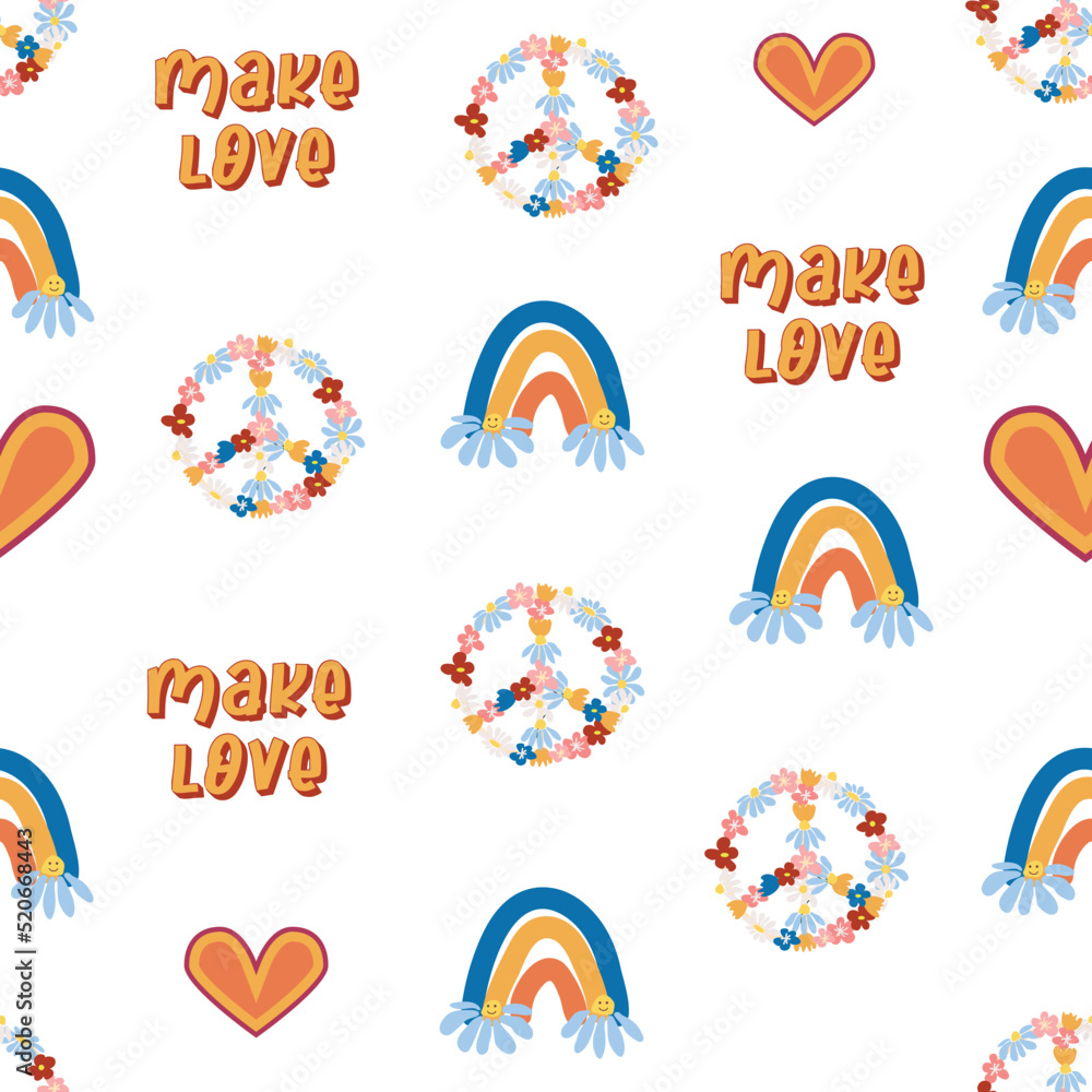 Fototapeta premium Love heart, peace symbol, rainbow retro 70s seamless pattern. Scattered heart shapes on a swirling background.