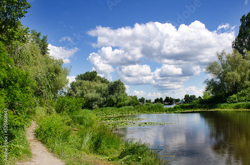 Dnepr River. Ukraine. A picturesque trail in the Obolonsky district of the city of Kyiv