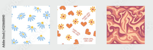 Set of retro 1970s seamless pattern. Floral, swirl, mushrooms, peace symbol, camomile, smile.
