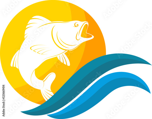 Fish orange sun and blue wave. Symbol for fishing and sea food
