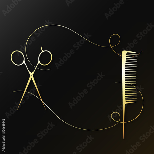 Golden scissors and comb on a black background. Beauty salon and hair stylist design