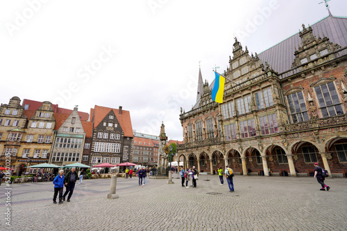 Bremen City Hall with Ukrainian flag during Russian invasion in Ukraine