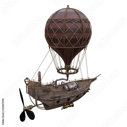 Steampunk hot air balloon with pirate ship powered by a propeller. Back Side View