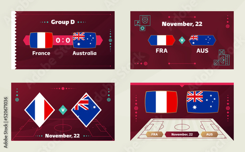 france vs australia match. Football 2022 world cup championship match versus teams on soccer field. Intro sport background, championship competition final poster, flat style vector illustration