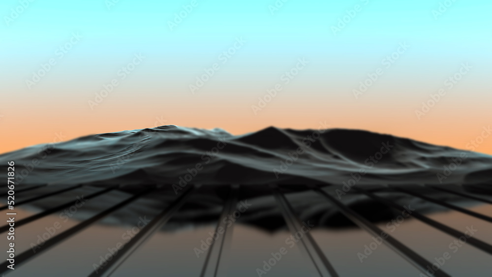 Futuristic mountain landscape and reflective metallic floor with blur. Sci-fi mountains with blur. Cyber sci-fi. 3D render.