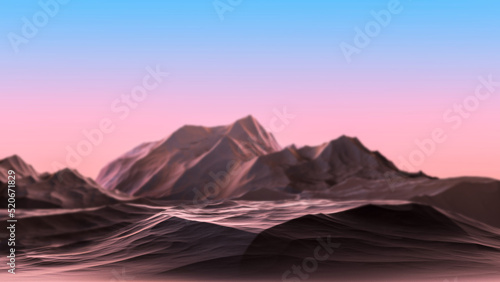 Landscape of the mountain against the backdrop of sunset  dawn sky in blur. Abstract relief mountains in nature against the background of the sky with blur. 3D render.