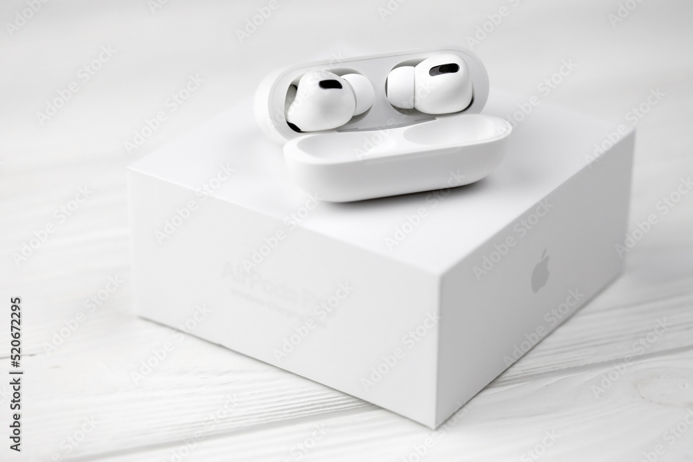 KHARKIV, UKRAINE - JANUARY 27, 2021 Apple AirPods Pro on a white