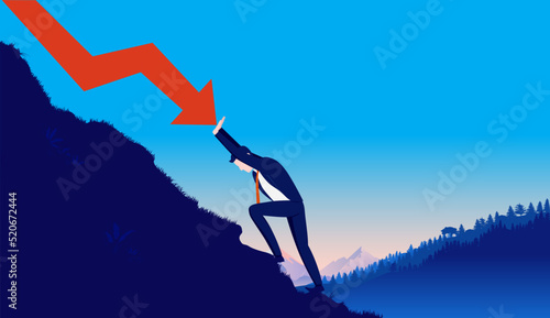 Recession in business - Businessman pushing on red arrow incoming. Financial problems and crisis concept. Vector illustration
