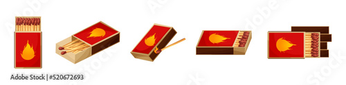 Match box with burnt sticks. Set of matchsticks. Cartoon spark bonfire vector illustration
