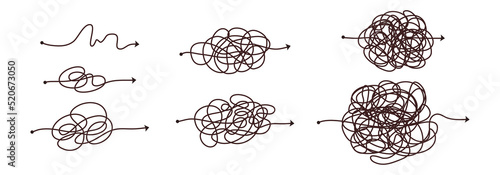 Simple line and complex easy way. Scribble doodle chaos mindset. Problem solving, difficult line. Vector hand drawn concept path