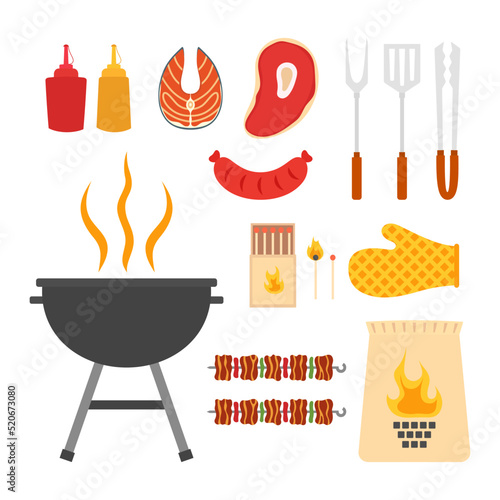 set of barbecue items on white background