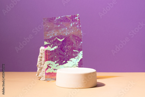 Creative geometric podium, bright sunlight and shadows purple background, gothic style, mockup