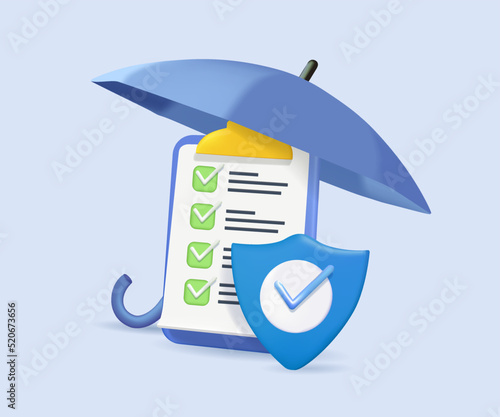3D Business Insurance Concept. Policy Guarantee Business. 3D render illustration with Check Marks, Umbrella, Shield and checklist. Health insurance, Healthcare, finance and medical service. 3D vector
