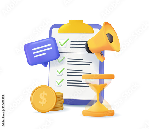 Tax payment and business tax concept. Project task management and effective time planning tools. Financial investment. 3d vector illustration. Work organizer, daily plan. Project manager tool business