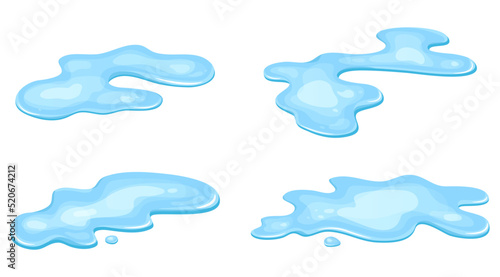 Set of water puddle, liquid cartoon style. Drop isolated on white background. Blue split, splash on floor. Vector illustration