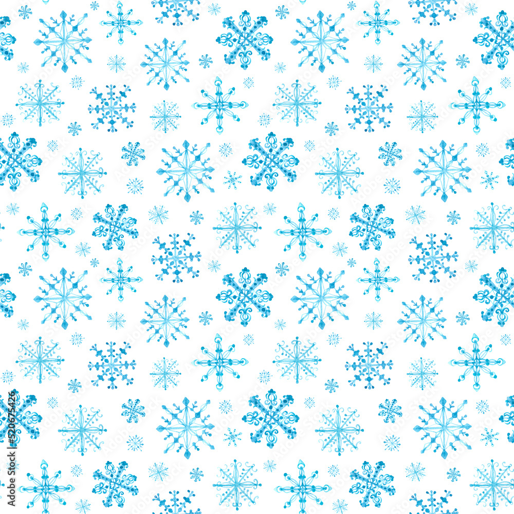 Snowflakes watercolor seamless pattern. Winter snowfall. Frosty pattern. New Year, Christmas pattern. Delicate snowflakes. Blue snowflakes. White background. For printing on textiles, wrapping paper. Snowflakes watercolor seamless pattern. Winter snowfall. Frosty pattern. New Year, Christmas pattern. Delicate snowflakes. Blue snowflakes. White background. For printing on textiles, wrapping paper.