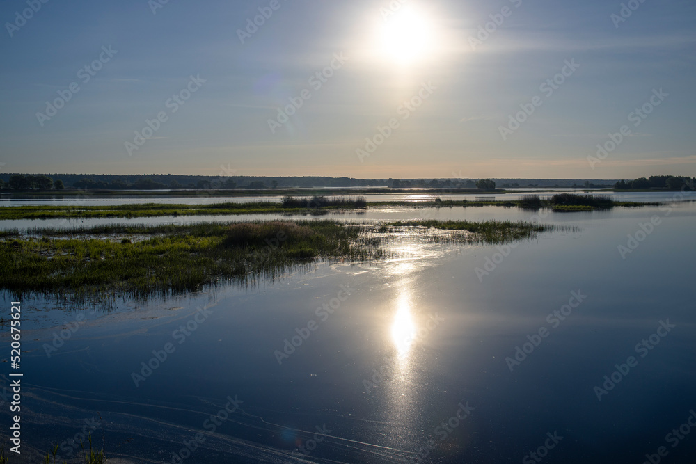 Scenic landscape with foggy river and forest on the horizon. Mystical morning landscape on the pond. Dawn over the lake. Scenic landscape with foggy river and forest on the horizon. Mystical morning landscape on the pond. Dawn over the lake.