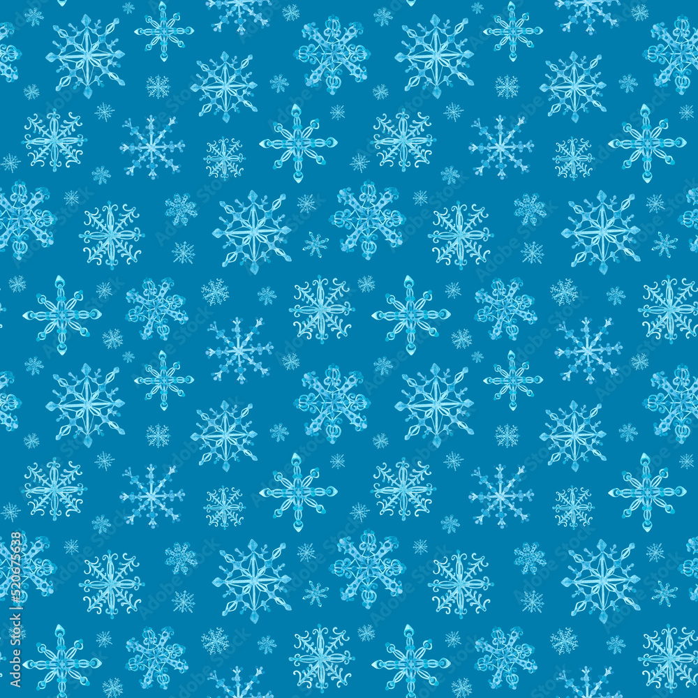 Snowflakes watercolor seamless pattern. Snowfall. Blue lacy snowflakes. Crystals. New Year, Christmas pattern. Winter background. For printing on textiles, wrapping paper. Snowflakes watercolor seamless pattern. Snowfall. Blue lacy snowflakes. Crystals. New Year, Christmas pattern. Winter background. For printing on textiles, wrapping paper.