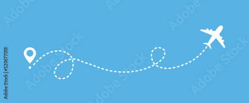 Aerial travel background concept. Plane vector icon and dotted line airplane path