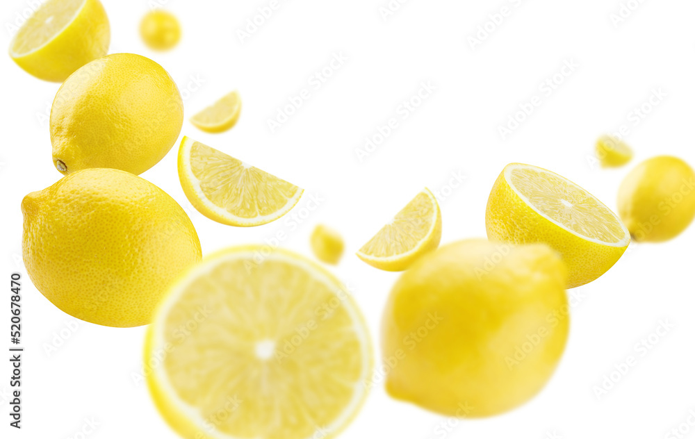 Flying lemon fruits, isolated on white background