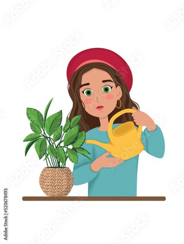 Woman watering the plant. Vector concept illustration. Sticker, household care, lady gardener, home gardening, plant home decoration, plant store, flower store