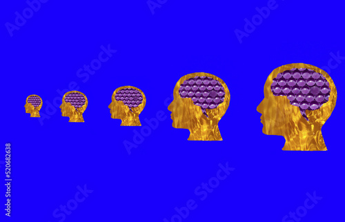 yellow water head with abstract futuristic brain, head enlargement sorted from smallest to largest on blue background, growth of intelligence

