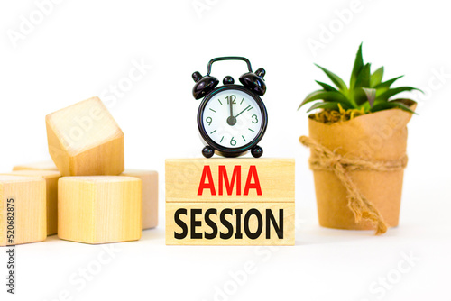 AMA ask me anything session symbol. Concept words AMA ask me anything session on wooden blocks on a beautiful white background. Business and AMA ask me anything session concept. Copy space.