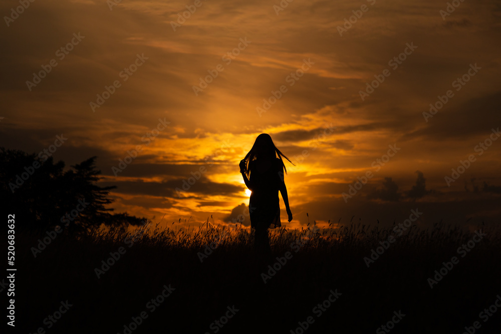 Silhouette of a woman in a dress standing in a meadow at sunset Silhouette of a woman in a dress standing in a meadow at sunset