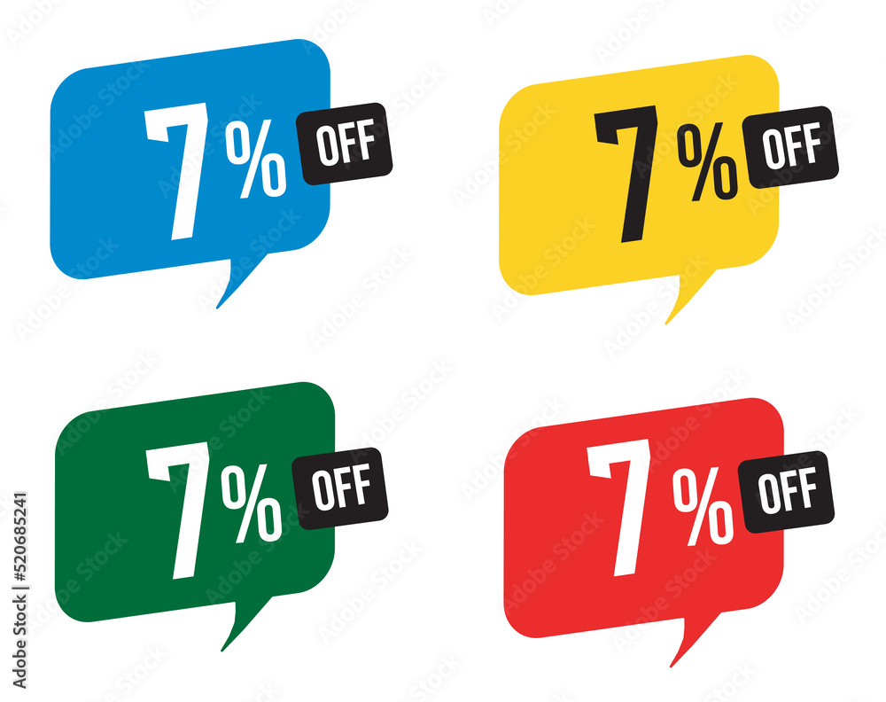7 percent discount. Blue, yellow, green and red balloons for promotions and offers. Vector Illustration on white background. 7 percent discount. Blue, yellow, green and red balloons for promotions and offers. Vector Illustration on white background.