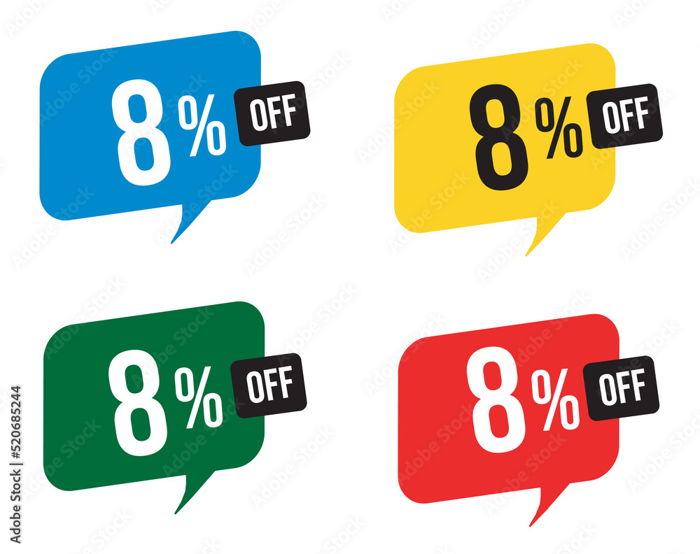 8 percent discount. Blue, yellow, green and red balloons for promotions and offers. Vector Illustration on white background. 8 percent discount. Blue, yellow, green and red balloons for promotions and offers. Vector Illustration on white background.