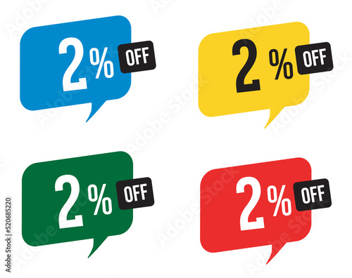  2 percent discount. Blue, yellow, green and red balloons for promotions and offers. Vector Illustration on white background.