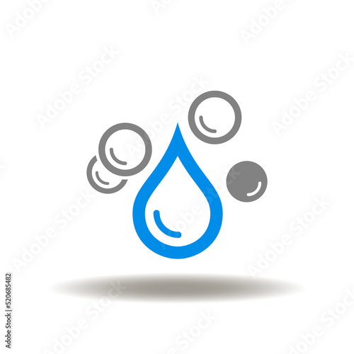 Vector illustration of drop and bubbles. Icon of fatty acid, fish oil, healthy fat, natural oil, omega acids. Symbol of cleaning, purity, pure.