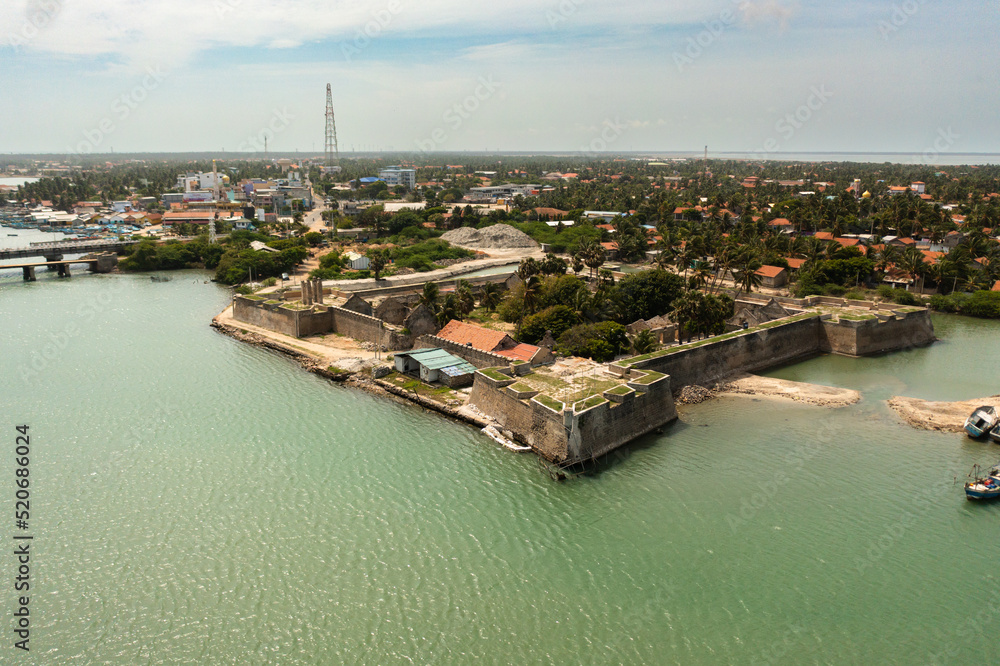 Aerial view of ancient Portuguese fort on the island of Mannar, Sri Lanka.