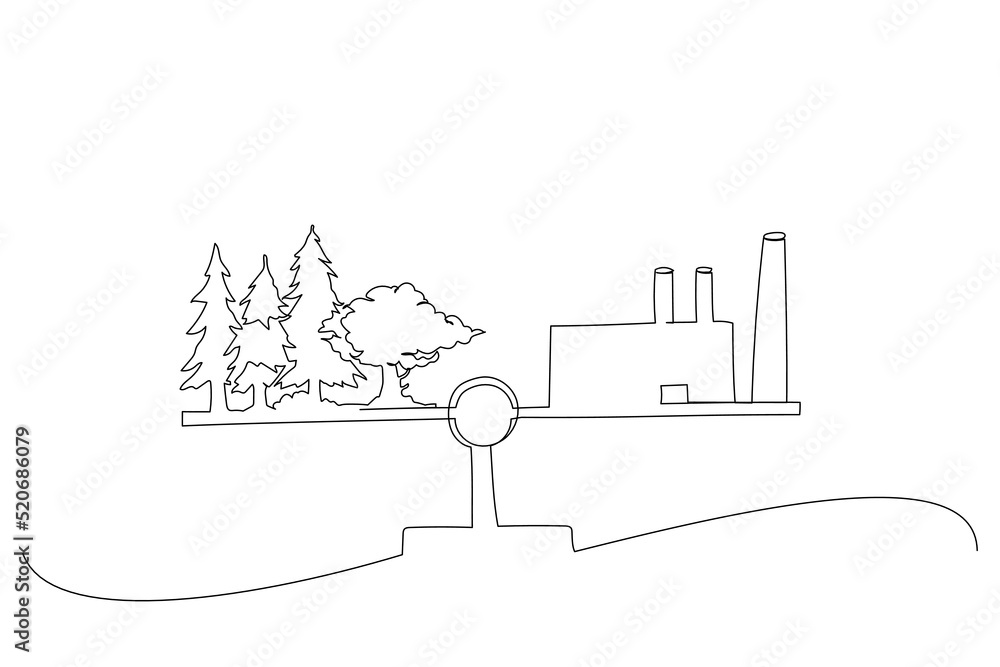 Cartoon of businessman balancing scale with Nature and industry. Environment conservation metaphor. Single continuous line art style